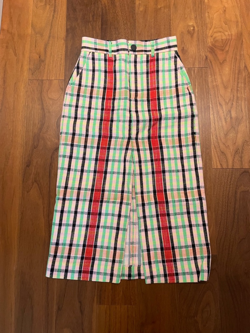 Zara Plaid High-Waist Midi Skirt in Red, Green & Black